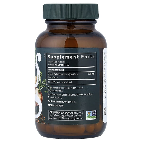 Gaia Herbs, Желатинизированный корень перуанской маки, 500 мг, 60 веганских капсул