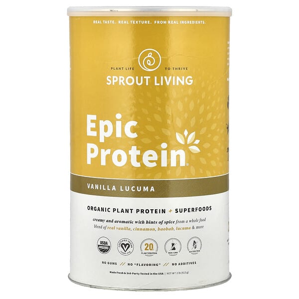 Sprout Living, Epic Protein, органический растительный протеин и суперфуды, ваниль и лукума, 910 г (2 фунта)
