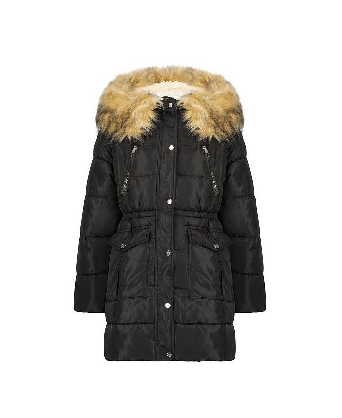 Steve Madden Girl s Faux Fur Trim Warm Winter Parka Coat with Cinch Waist Kids Qwixit