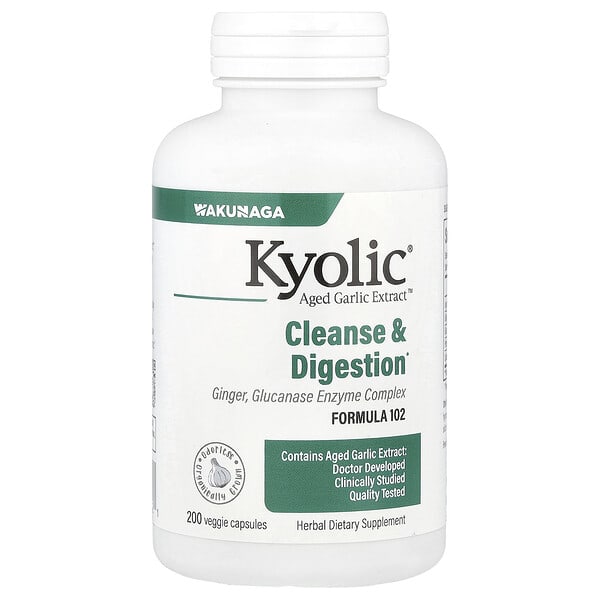 Kyolic, Aged Garlic Extract, выдержанный экстракт чеснока, для удаления дрожжевого грибка и улучшения пищеварения, формула 102, 200 вегетарианских капсул