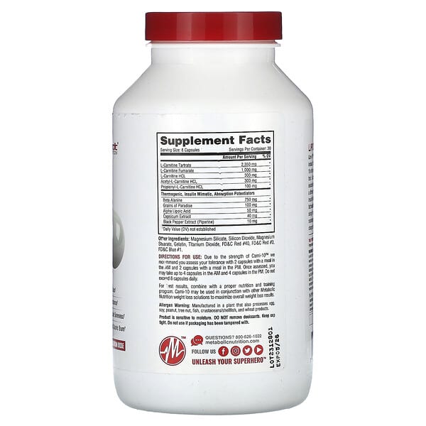 Metabolic Nutrition, Carni-10, 5000 мг, 240 капсул (625 мг в 1 капсуле)