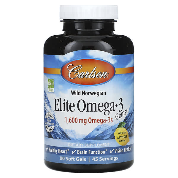 Carlson, Wild Norwegian, Elite Omega-3 Gems, Elite Omega-3 Gems, натуральный лимонный вкус, 1600 мг, 90 капсул (800 мг в одной капсуле)