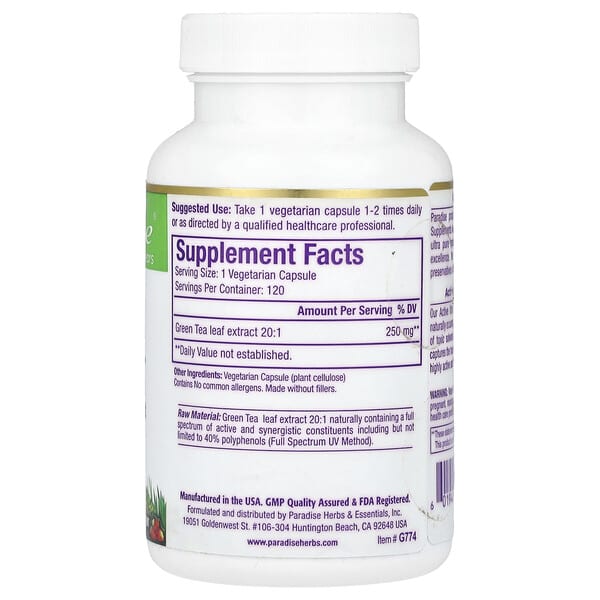 Paradise Herbs, Зеленый чай, 250 мг, 120 вегетарианских капсул