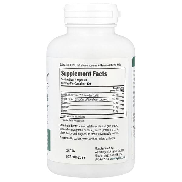 Kyolic, Aged Garlic Extract, выдержанный экстракт чеснока, для удаления дрожжевого грибка и улучшения пищеварения, формула 102, 200 вегетарианских капсул
