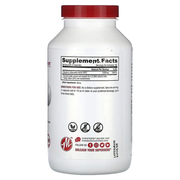 Metabolic Nutrition, витамин C, 1500 мг, 180 капсул (750 мг в 1 капсуле)