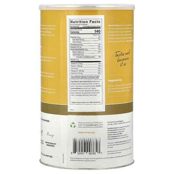 Sprout Living, Epic Protein, органический растительный протеин и суперфуды, ваниль и лукума, 910 г (2 фунта)