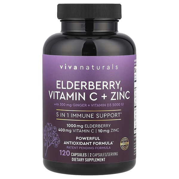Viva Naturals, бузина, витамин C и цинк, 120 капсул