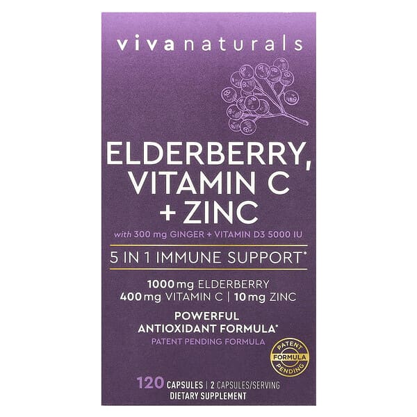 Viva Naturals, бузина, витамин C и цинк, 120 капсул