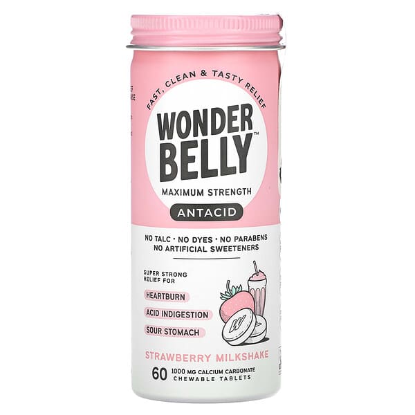 Wonderbelly, Antacid, клубничный молочный коктейль, 1000 мг, 60 жевательных таблеток