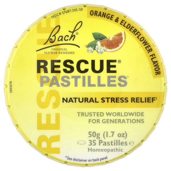 Bach, Rescue®, пастилки для снятия стресса природным способом, со вкусом апельсина и бузины, 35 пастилок, 50 г (1,7 унции)