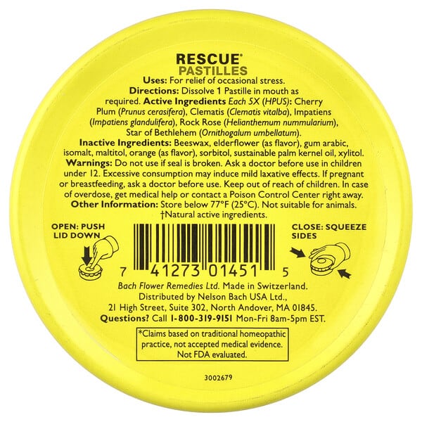 Bach, Rescue®, пастилки для снятия стресса природным способом, со вкусом апельсина и бузины, 35 пастилок, 50 г (1,7 унции)