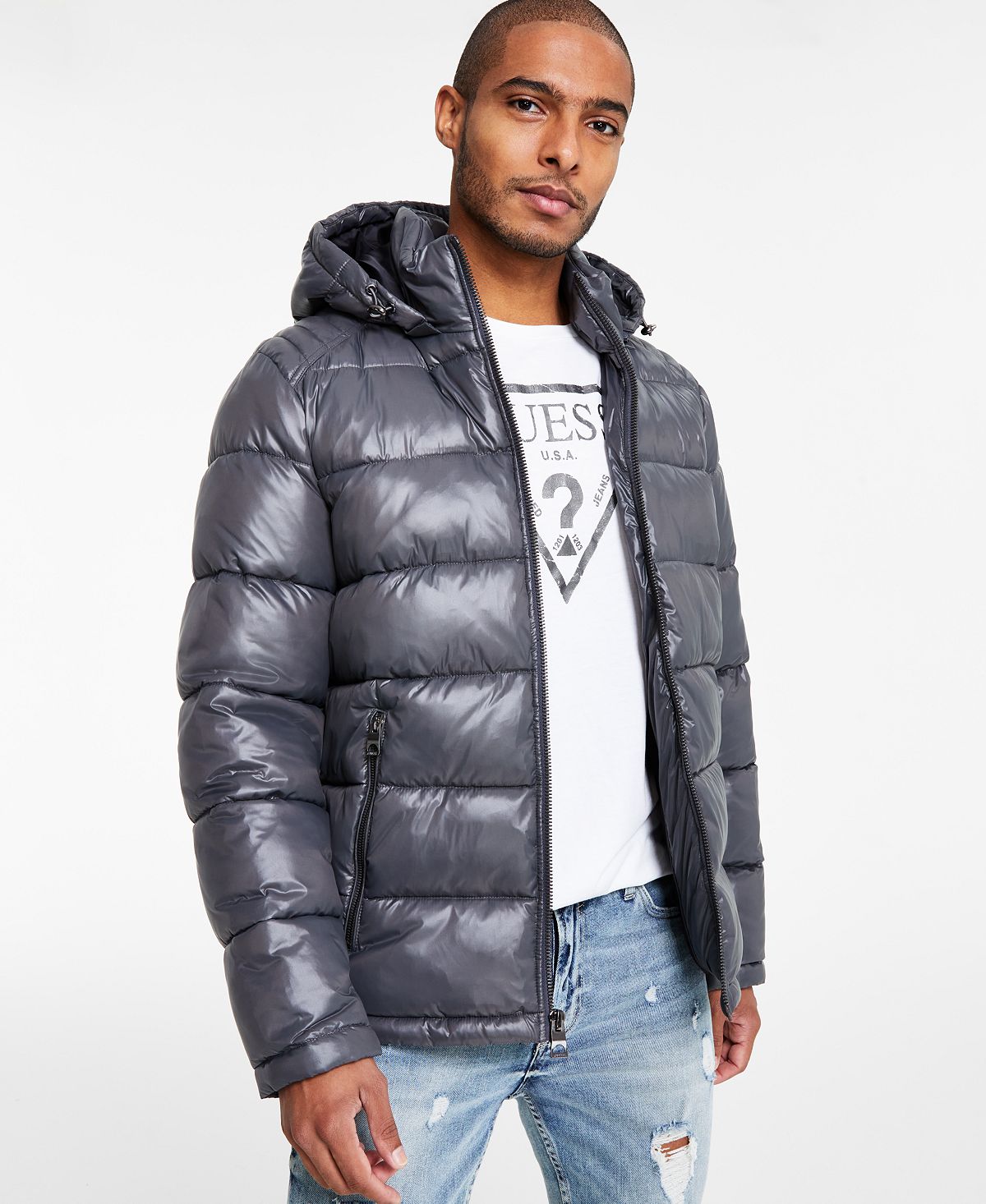 GUESS Men s Hooded Puffer Coat SMOKE