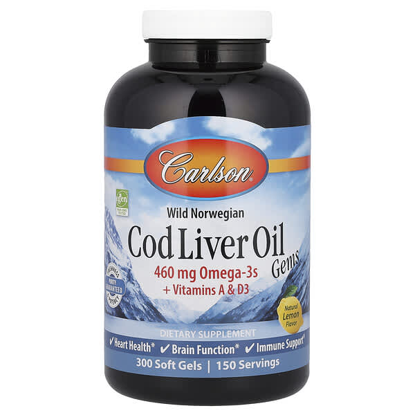 Carlson, Wild Norwegian, Cod Liver Oil Gems, жир печени дикой норвежской трески в капсулах, со вкусом натурального лимона, 460 мг, 300 капсул (230 мг в 1 капсуле)