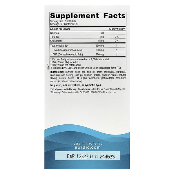 Nordic Naturals, омега-3, со вкусом лимона, 690 мг, 60 капсул (345 мг в 1 капсуле)
