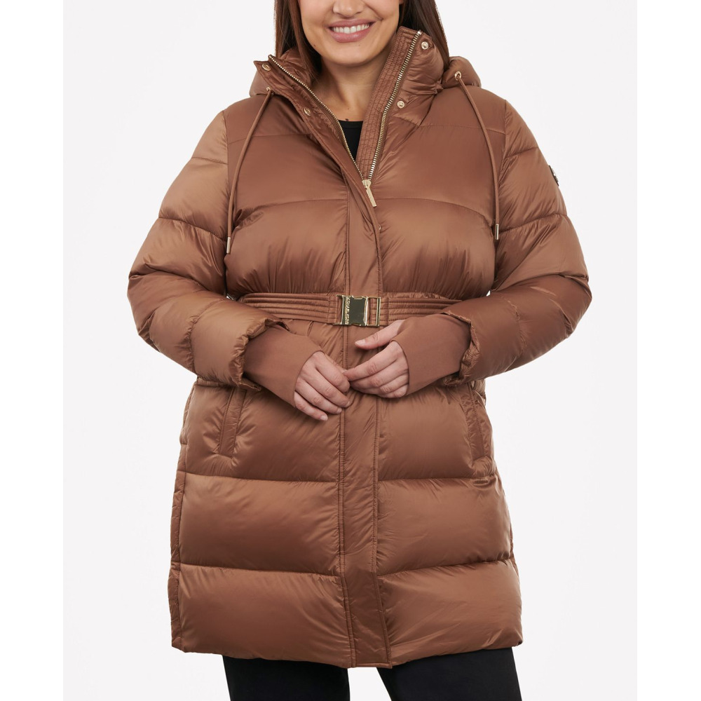 Michael Kors Women s Plus Size Hooded Belted Puffer Coat LUGGAGE Qwixit