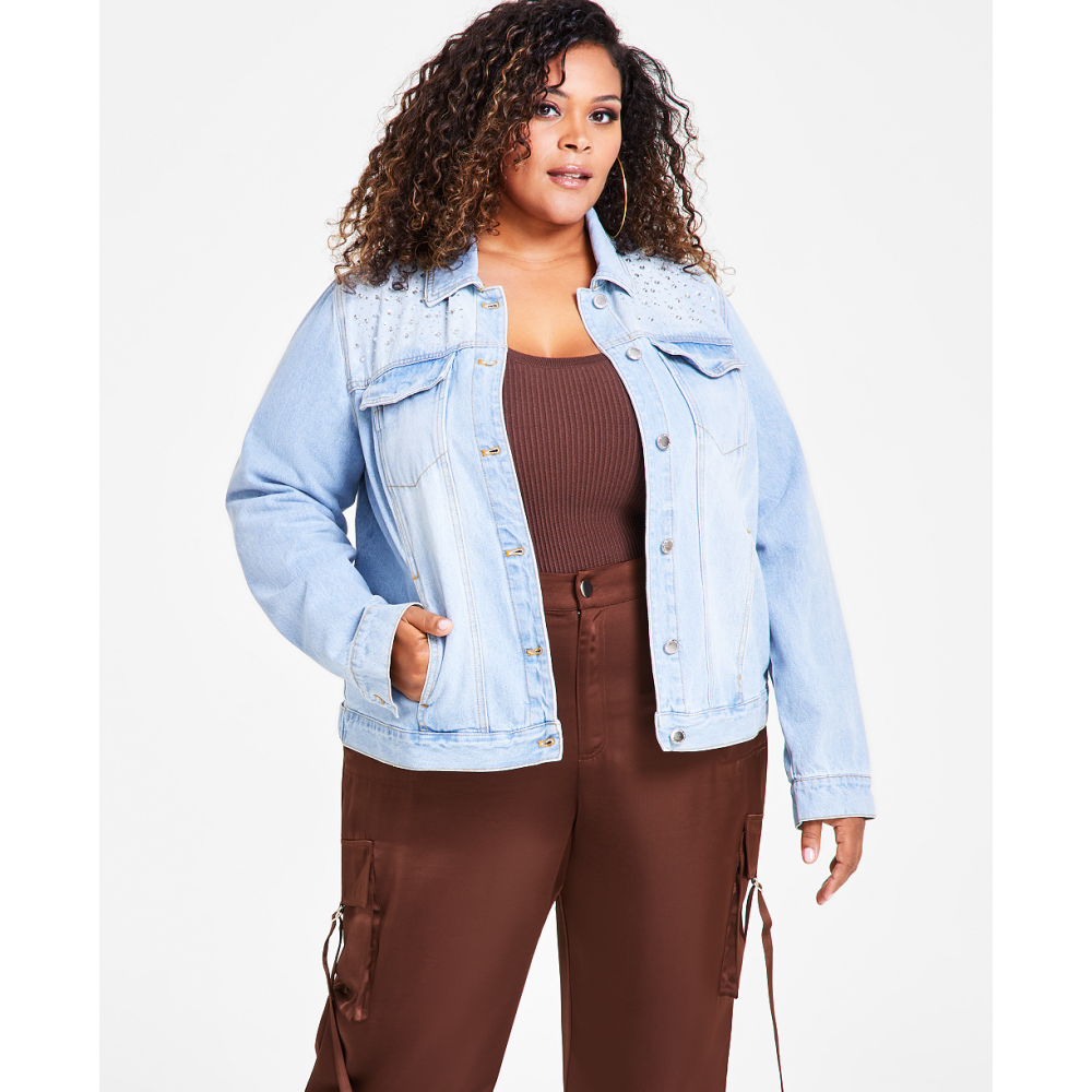 Nina Parker Trendy Plus Size Cotton Embellished Denim Jacket Light Wash Qwixit 6628
