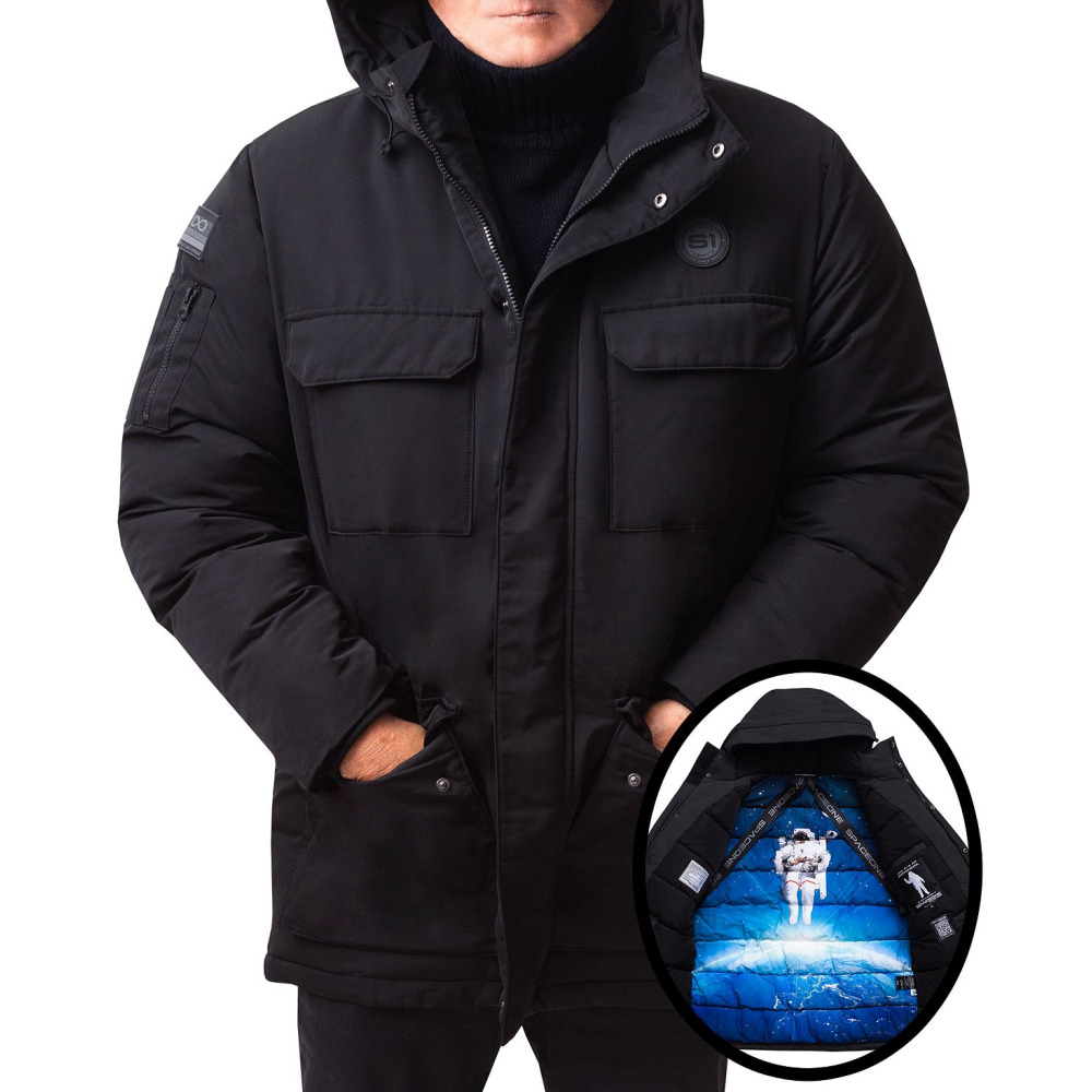 Space One Men s Nasa Inspired Parka Jacket with Printed Astronaut Interior BLACK Qwixit