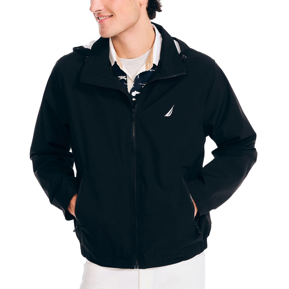 NAUTICA Men s Classic Rainbreaker Hooded Zip Front Lightweight Jacket TRUE BLACK Qwixit 9030