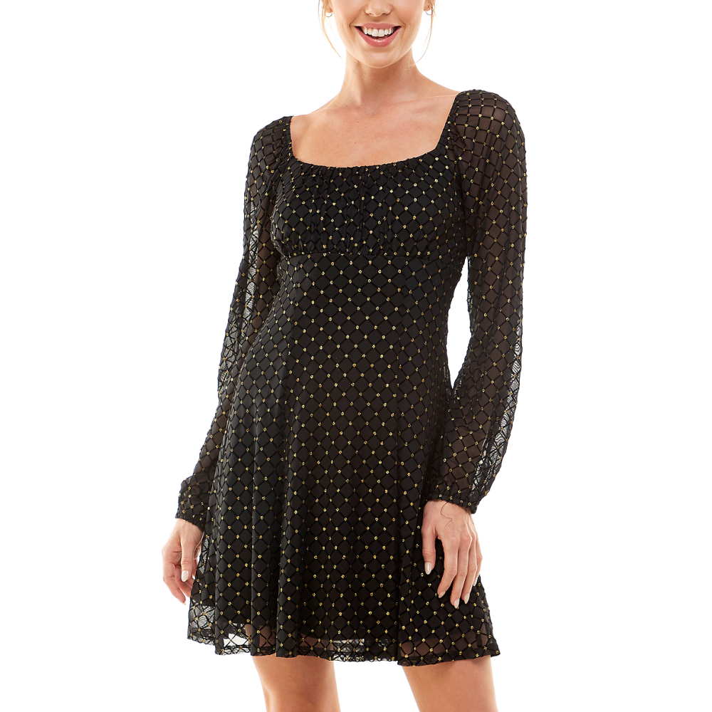 As U Wish Juniors Emma Mesh Fit Flare Dress Black gold Qwixit 4487