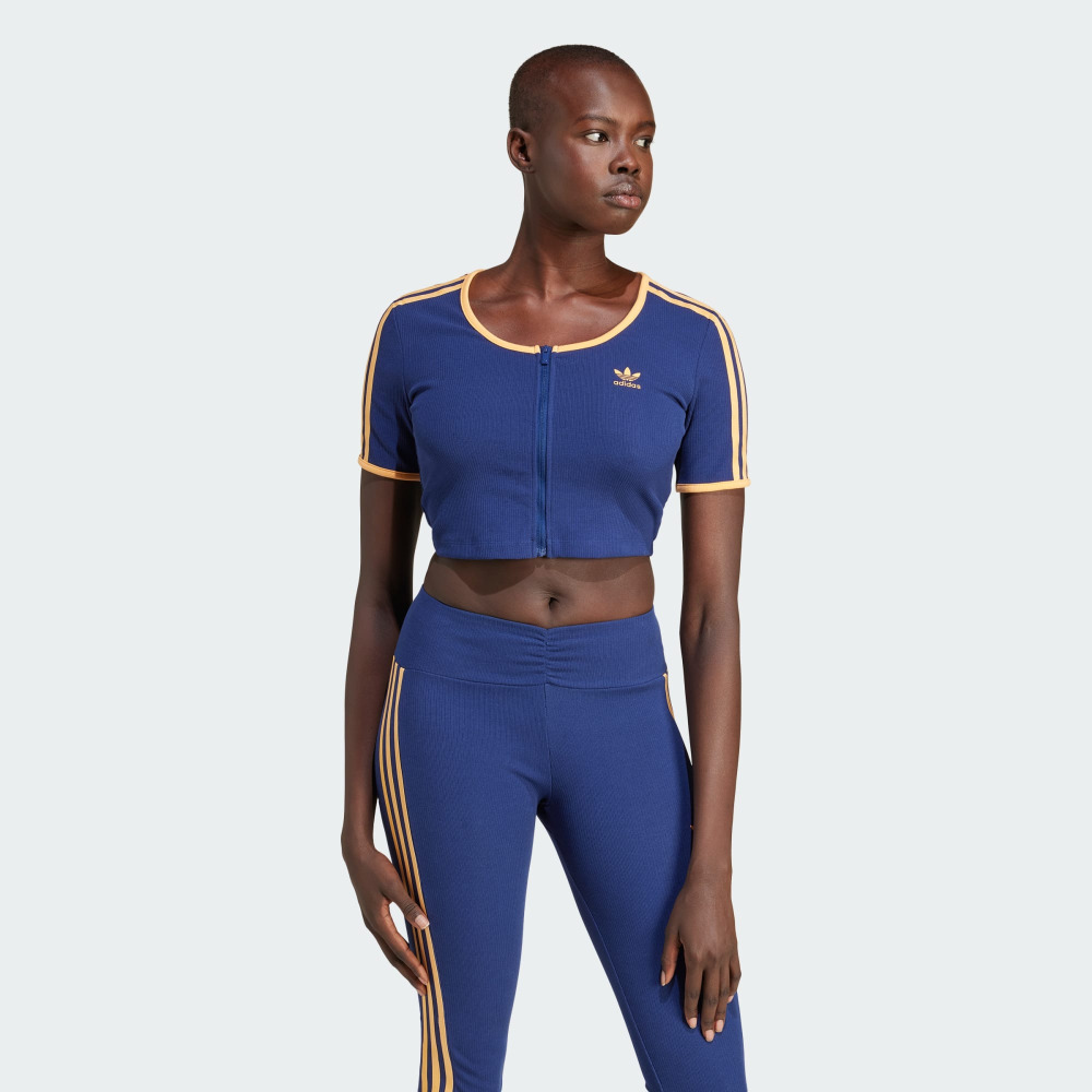 Women s Originals Blue adidas Originals Rib Short Sleeve Full Zip Top Blue Qwixit