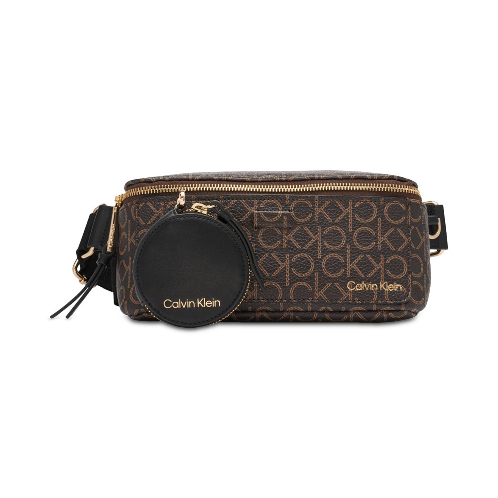 Calvin Klein C Millie Signature Convertible Belt Bag with Zippered Coin Pouch BROWN KHAKI BLACK