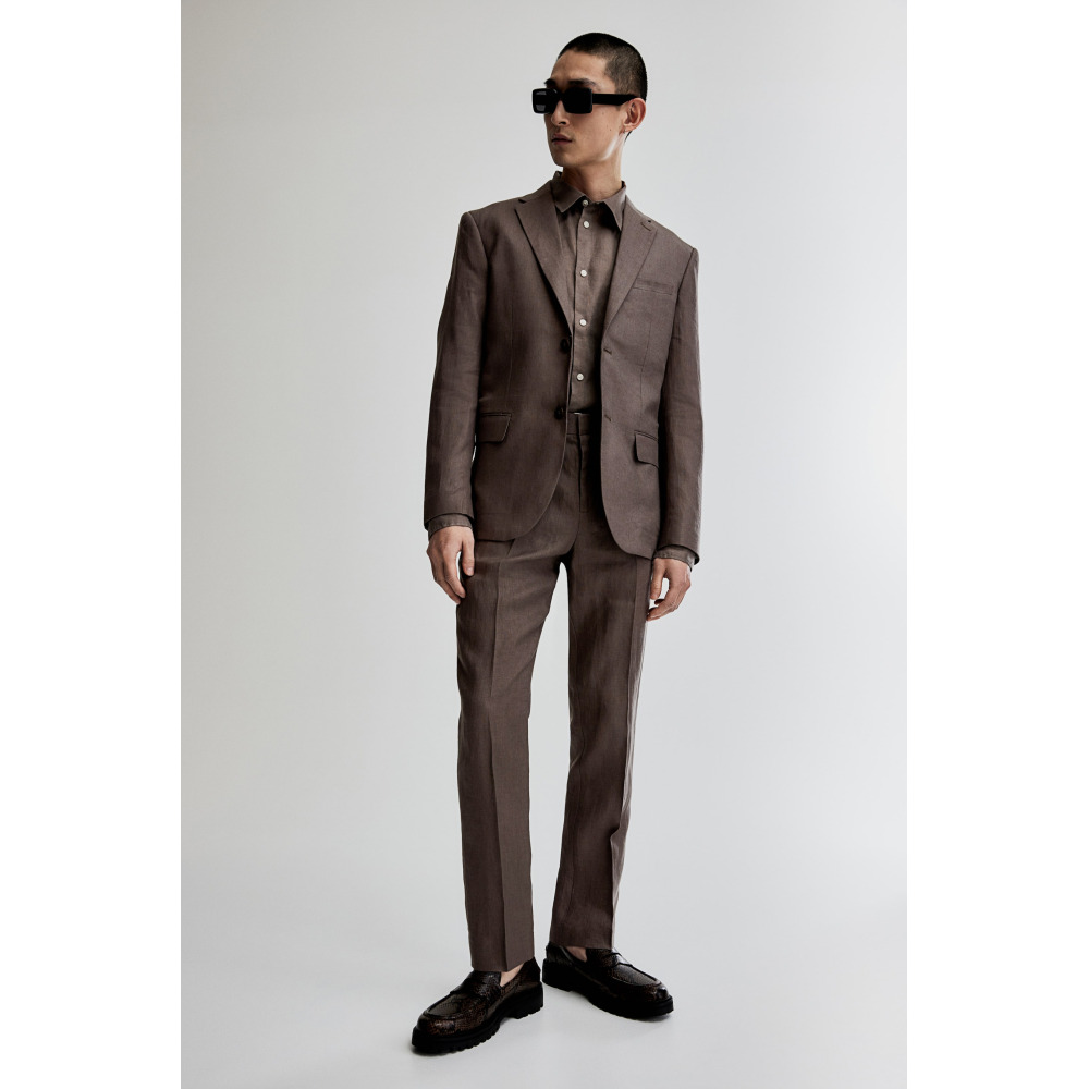 H M Slim Fit Linen Suit Pants Dark beige Qwixit 6552