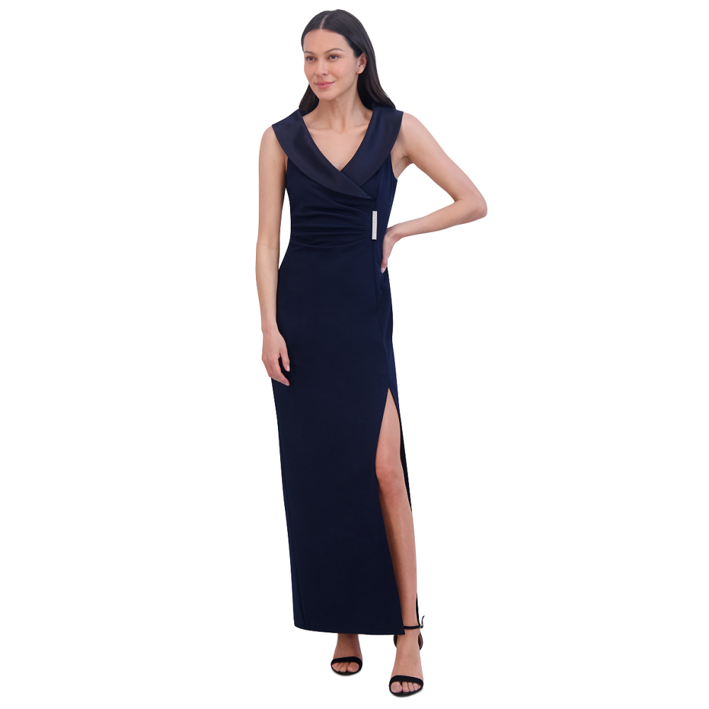 Jessica Howard Petite Collared Side Slit Long Gown Navy Qwixit 14429
